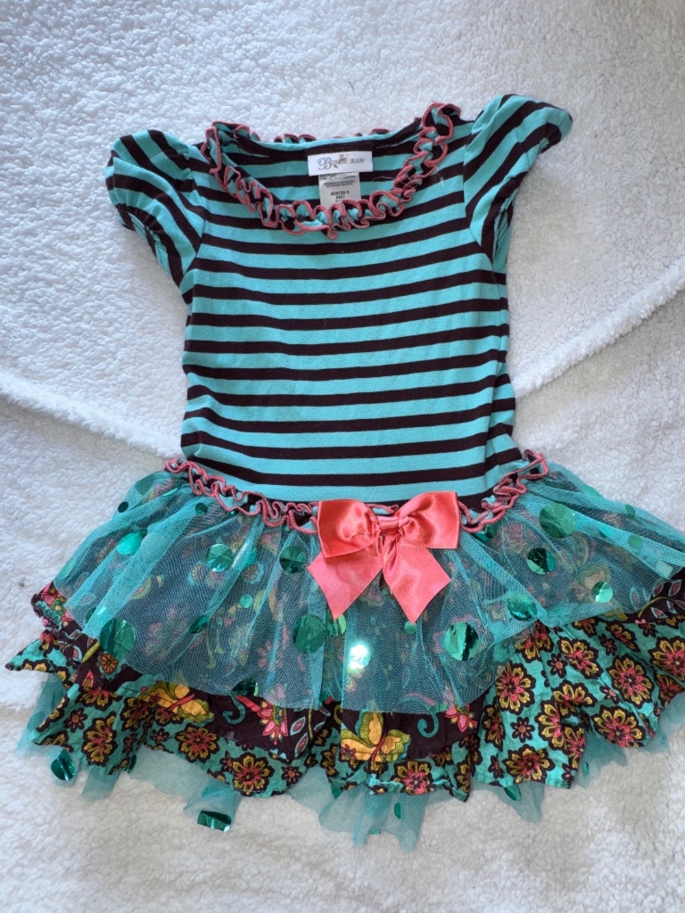 Bonnie Jean turquoise and brown striped knit-to-tulle dress, Floral Tiers 3T